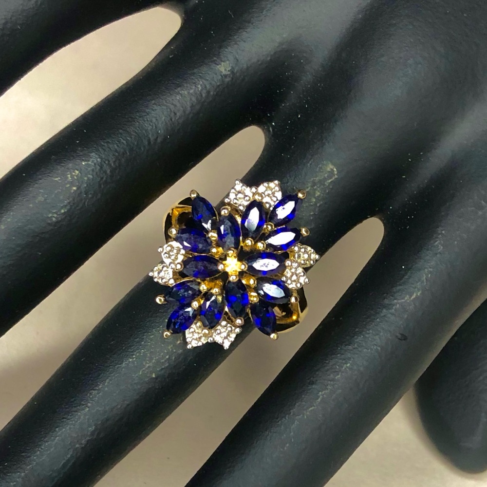 PAZ Diamonds and Blue Sapphires Set In Yellow Gold Vermeil Ring Sz 5-1/4, 8-3/4